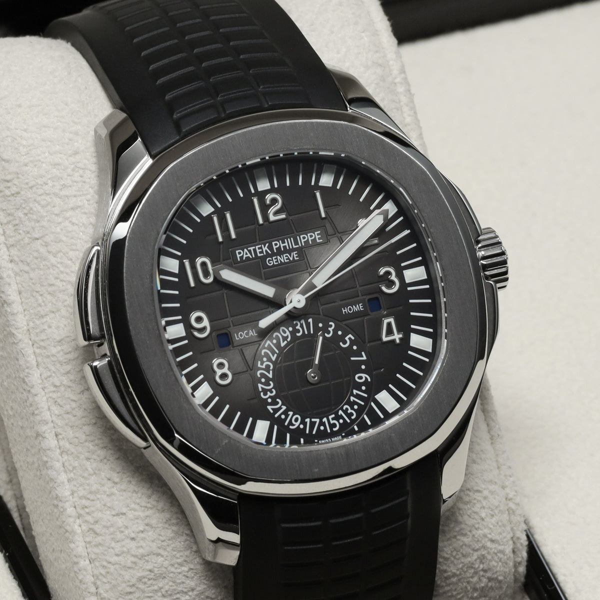 Patek Aquanaut Travel Time 2017 Complete 40.8mm Stainless Steel Black with Orange GMT Accents Dial Stainless Steel Bezel Black Tropical Rubber Strap 5164A