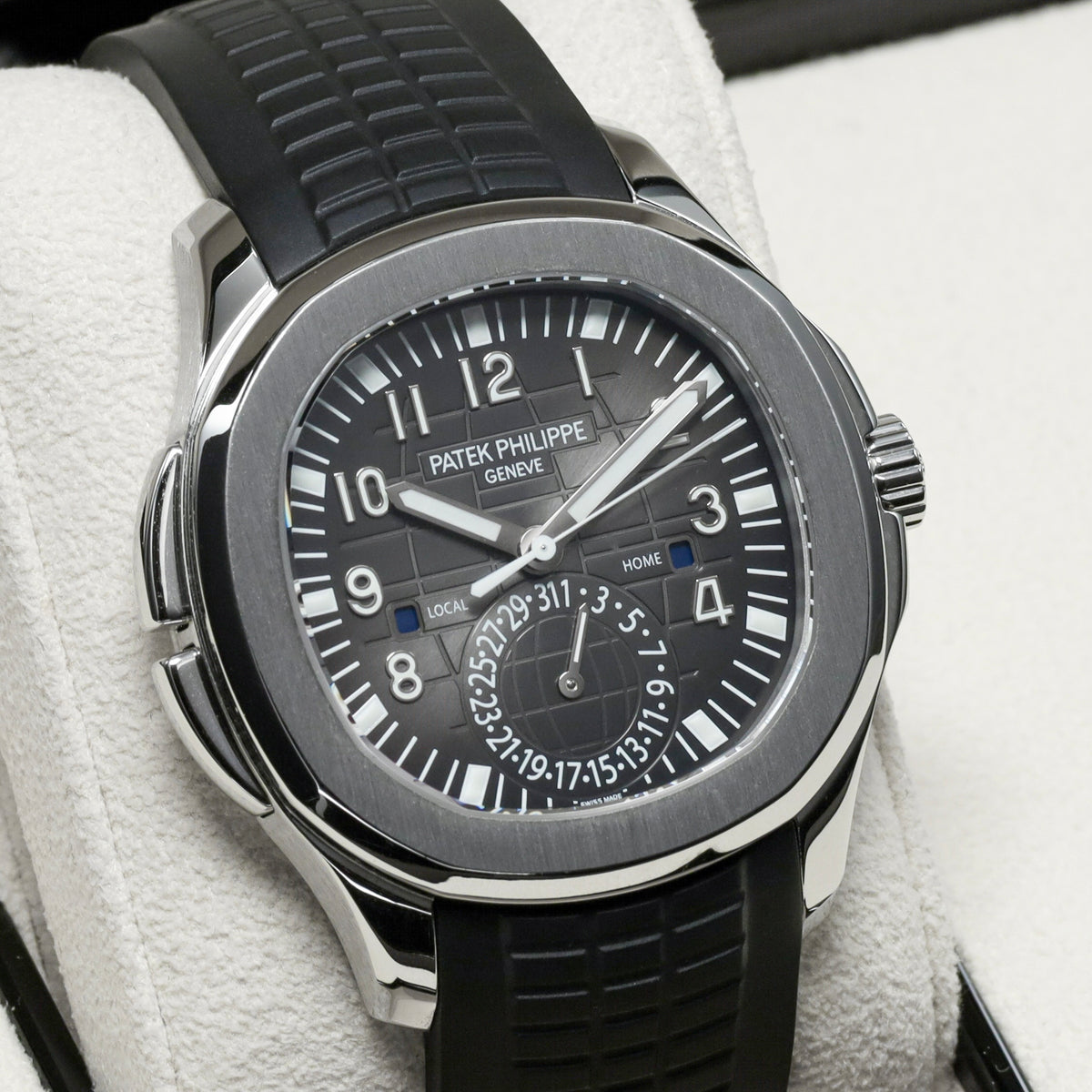 Patek Philippe Aquanaut Travel Time 2017 Complete 40.8mm Stainless Steel Black with Orange GMT Accents Dial Stainless Steel Bezel Black Tropical Rubber Strap 5164A