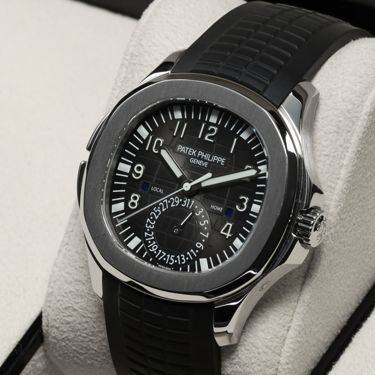 Patek Aquanaut Travel Time 2017 Complete 40.8mm Stainless Steel Black with Orange GMT Accents Dial Stainless Steel Bezel Black Tropical Rubber Strap 5164A
