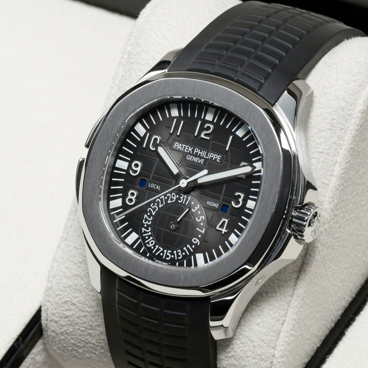 Patek Philippe Aquanaut Travel Time 2017 Complete 40.8mm Stainless Steel Black with Orange GMT Accents Dial Stainless Steel Bezel Black Tropical Rubber Strap 5164A