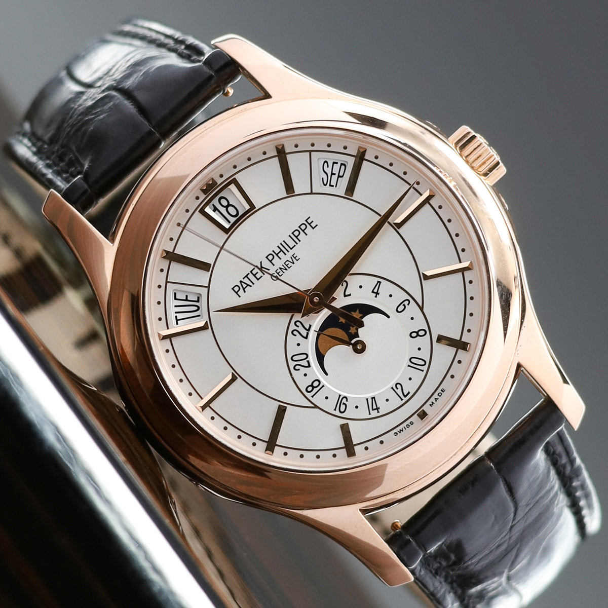 Patek Annual Calendar 2018 Complete 40mm 18k Rose Gold White Dial Rose Gold Bezel Black Alligator Leather Strap 5205R