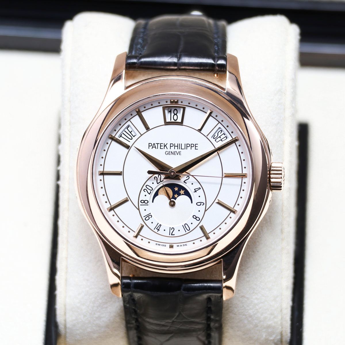 Patek Annual Calendar 2018 Complete 40mm 18k Rose Gold White Dial Rose Gold Bezel Black Alligator Leather Strap 5205R