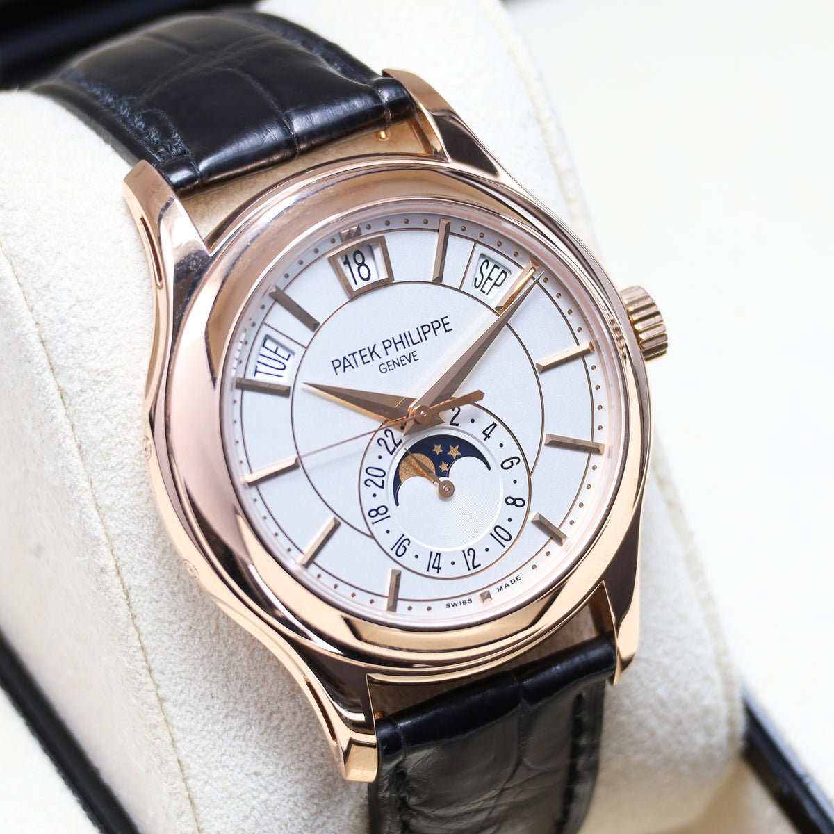 Patek Annual Calendar 2018 Complete 40mm 18k Rose Gold White Dial Rose Gold Bezel Black Alligator Leather Strap 5205R