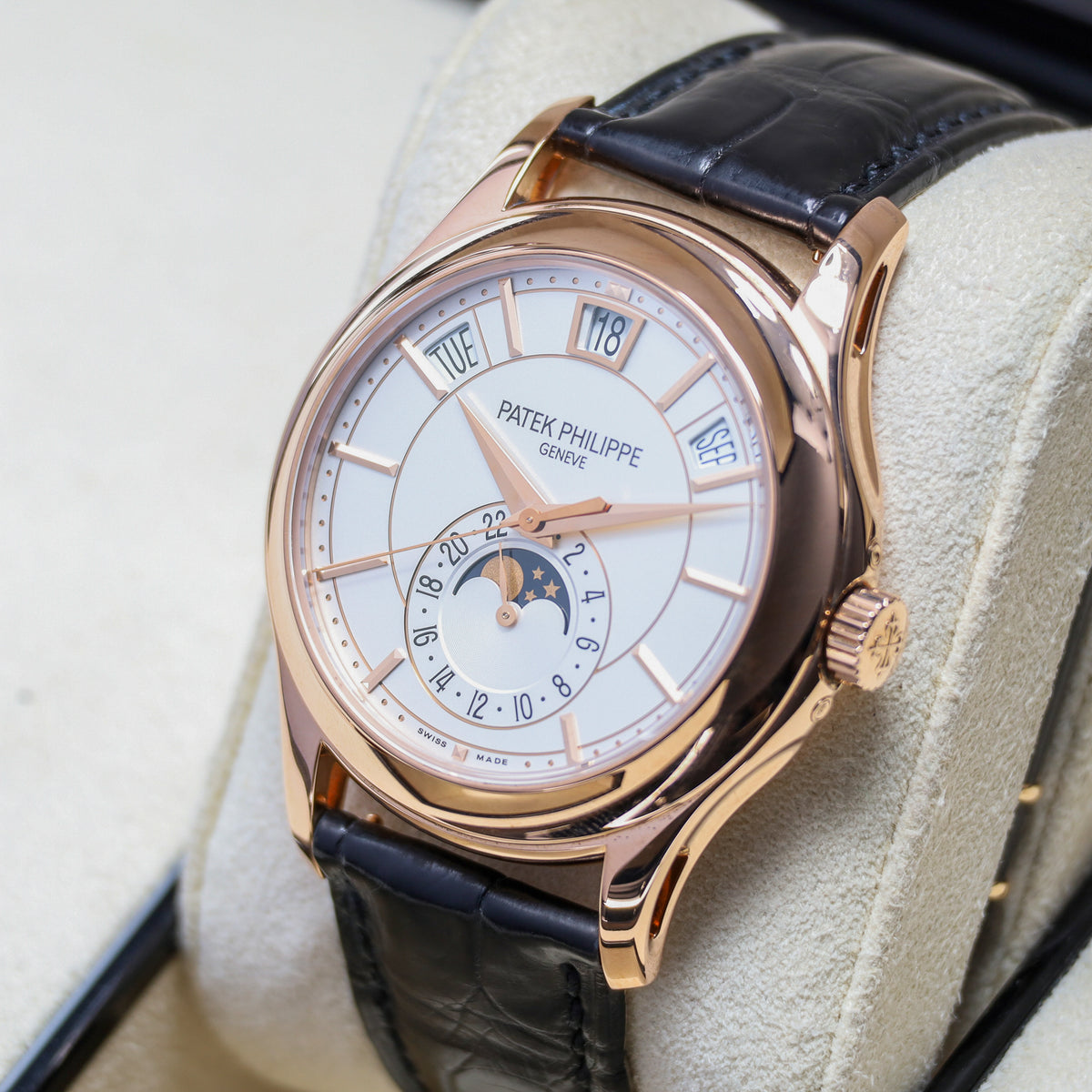 Patek Annual Calendar 2018 Complete 40mm 18k Rose Gold White Dial Rose Gold Bezel Black Alligator Leather Strap 5205R