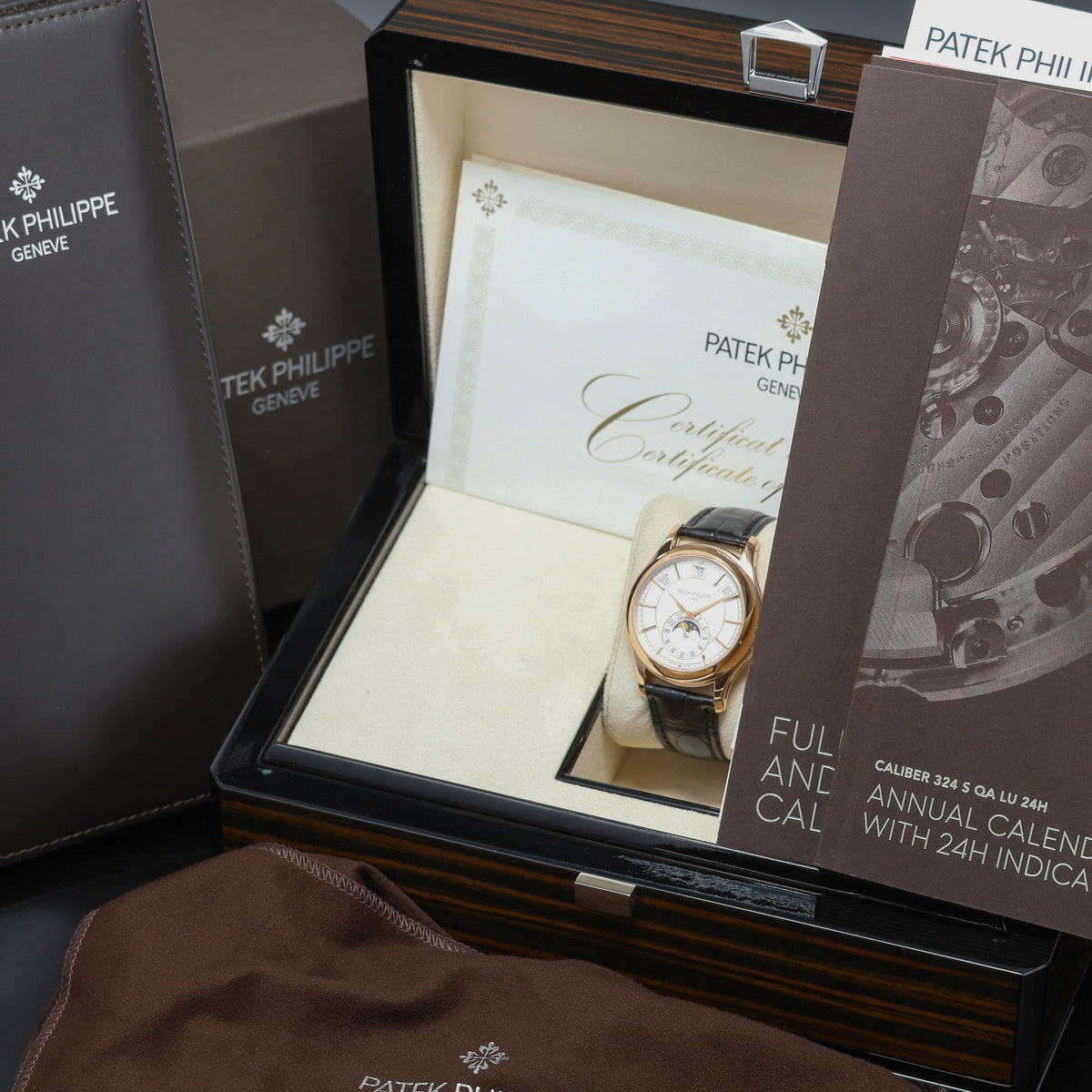 Patek Annual Calendar 2018 Complete 40mm 18k Rose Gold White Dial Rose Gold Bezel Black Alligator Leather Strap 5205R