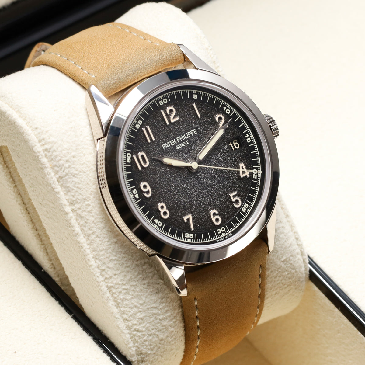 Patek Philippe Calatrava 2025 Complete 40mm White Gold Charcoal Gray Dial Calfskin Beige Strap 5226G-001