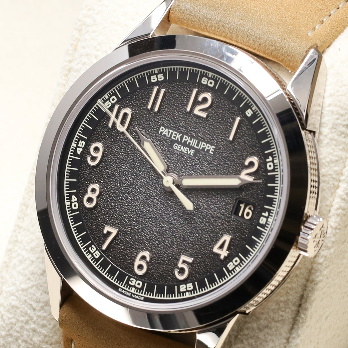 Patek Philippe Calatrava 2025 Complete 40mm White Gold Charcoal Gray Dial Calfskin Beige Strap 5226G-001