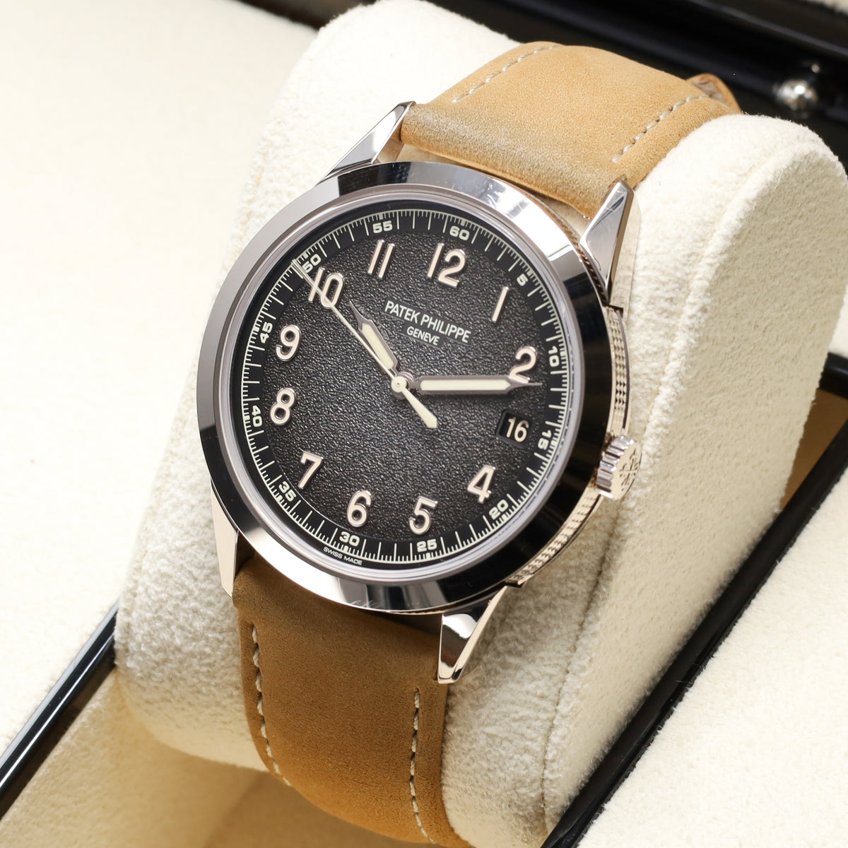 Patek Philippe Calatrava 2025 Complete 40mm White Gold Charcoal Gray Dial Calfskin Beige Strap 5226G-001