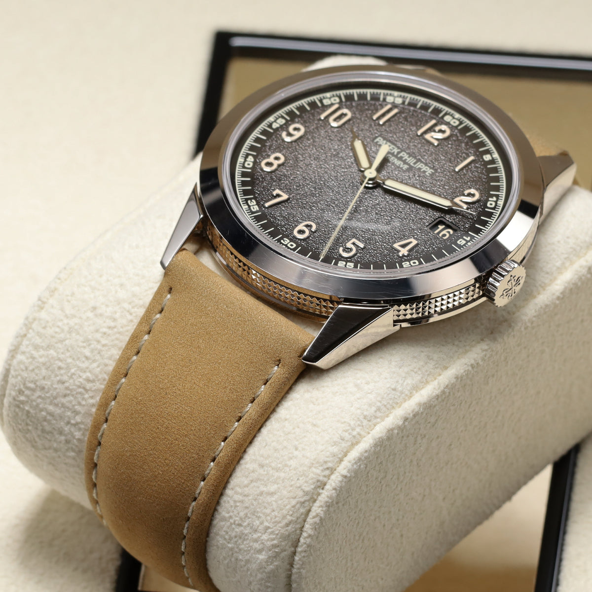 Patek Philippe Calatrava 2025 Complete 40mm White Gold Charcoal Gray Dial Calfskin Beige Strap 5226G-001