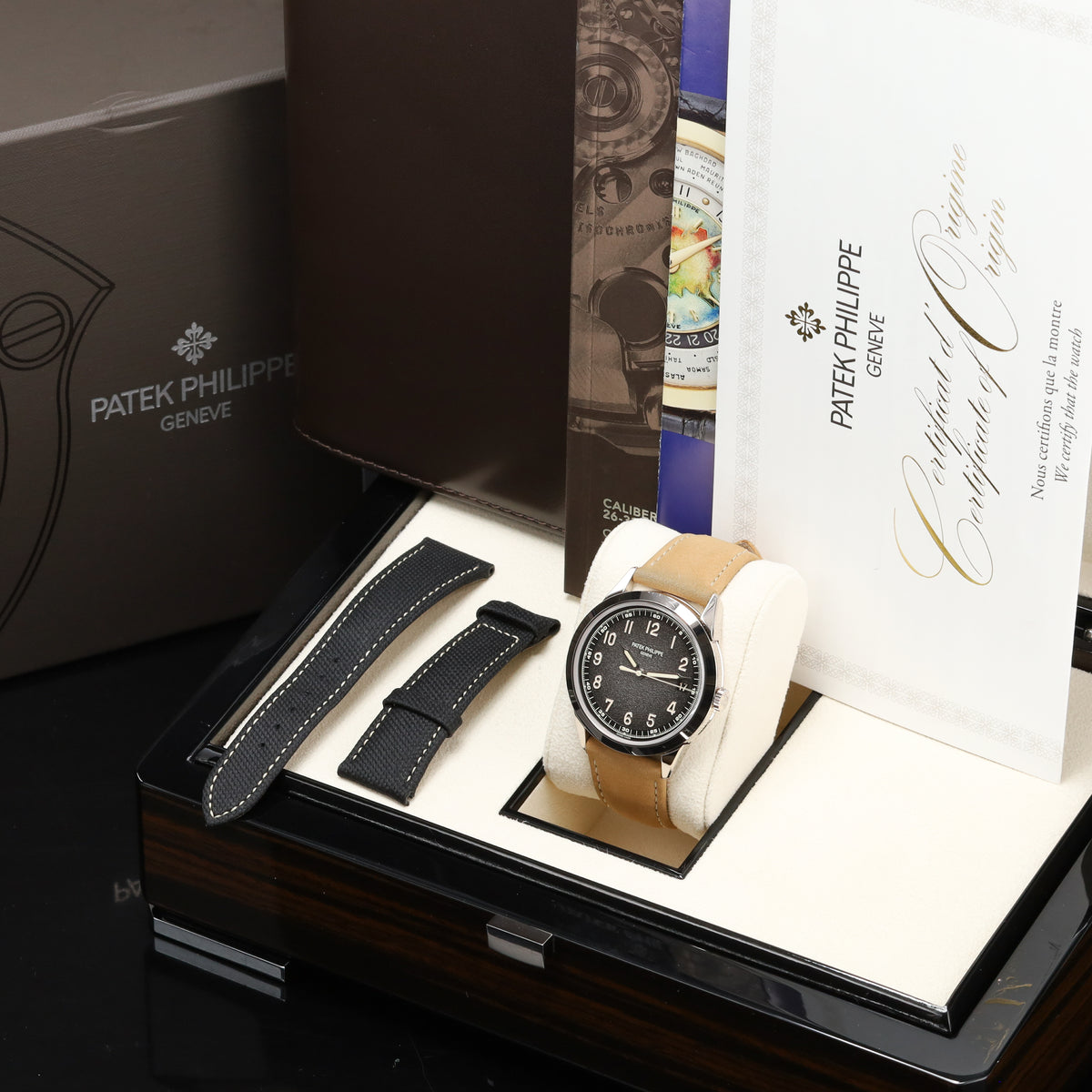 Patek Philippe Calatrava 2025 Complete 40mm White Gold Charcoal Gray Dial Calfskin Beige Strap 5226G-001