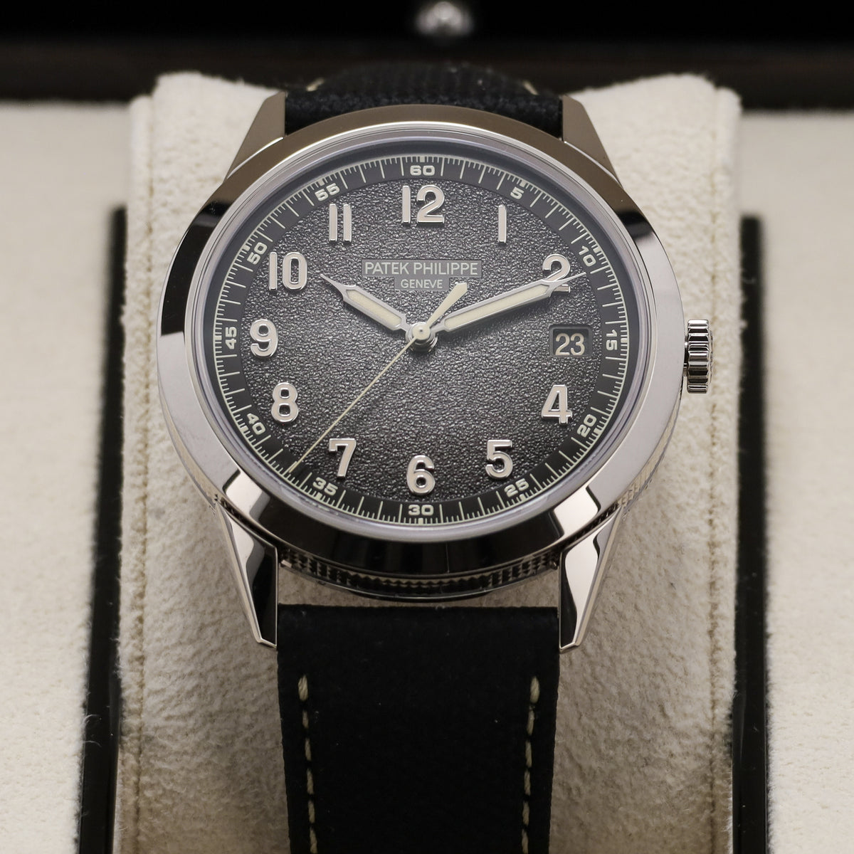 Patek Philippe Calatrava Complete 40mm White Gold Charcoal Gray Dial Calfskin Beige Strap 5226G-001