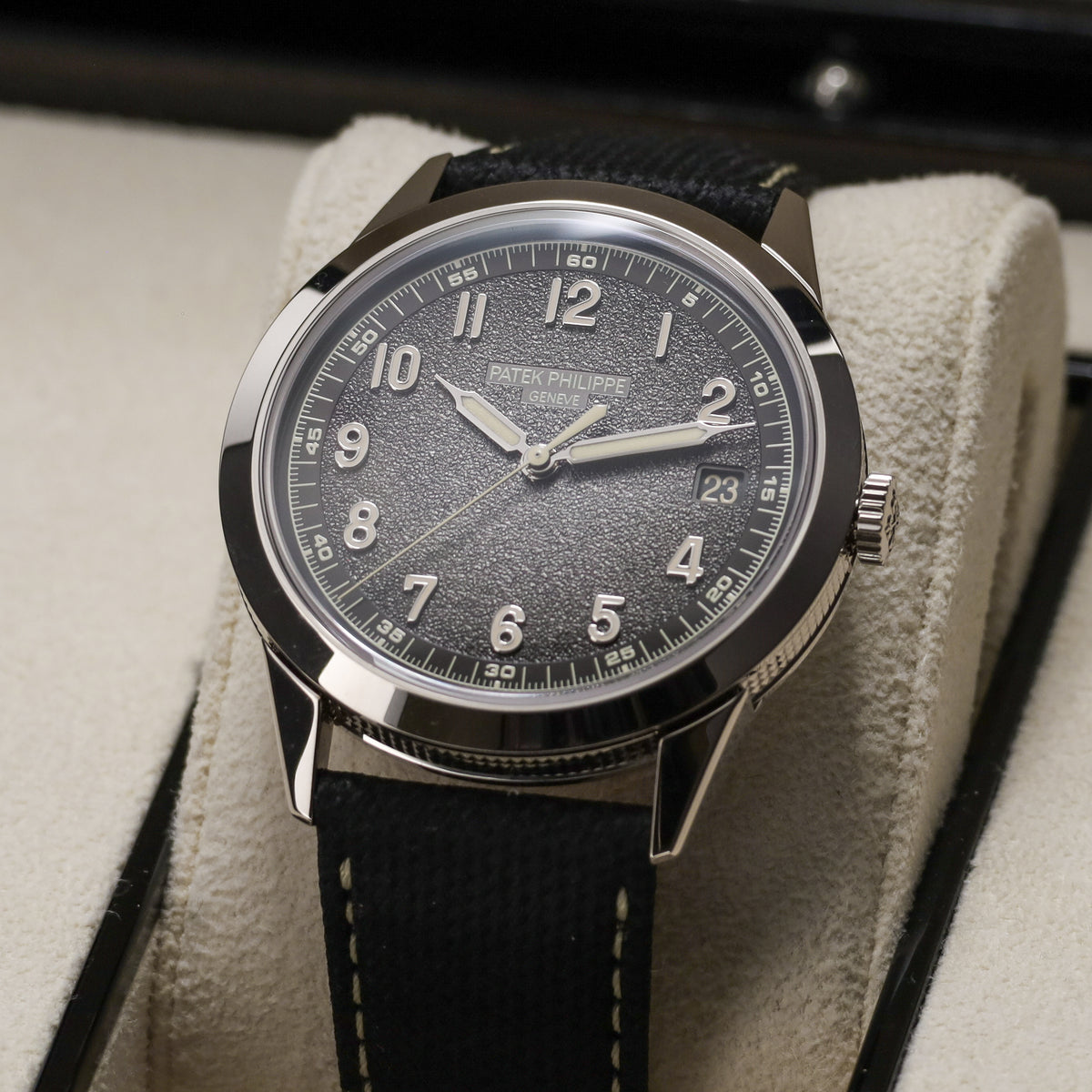 Patek Philippe Calatrava Complete 40mm White Gold Charcoal Gray Dial Calfskin Beige Strap 5226G-001