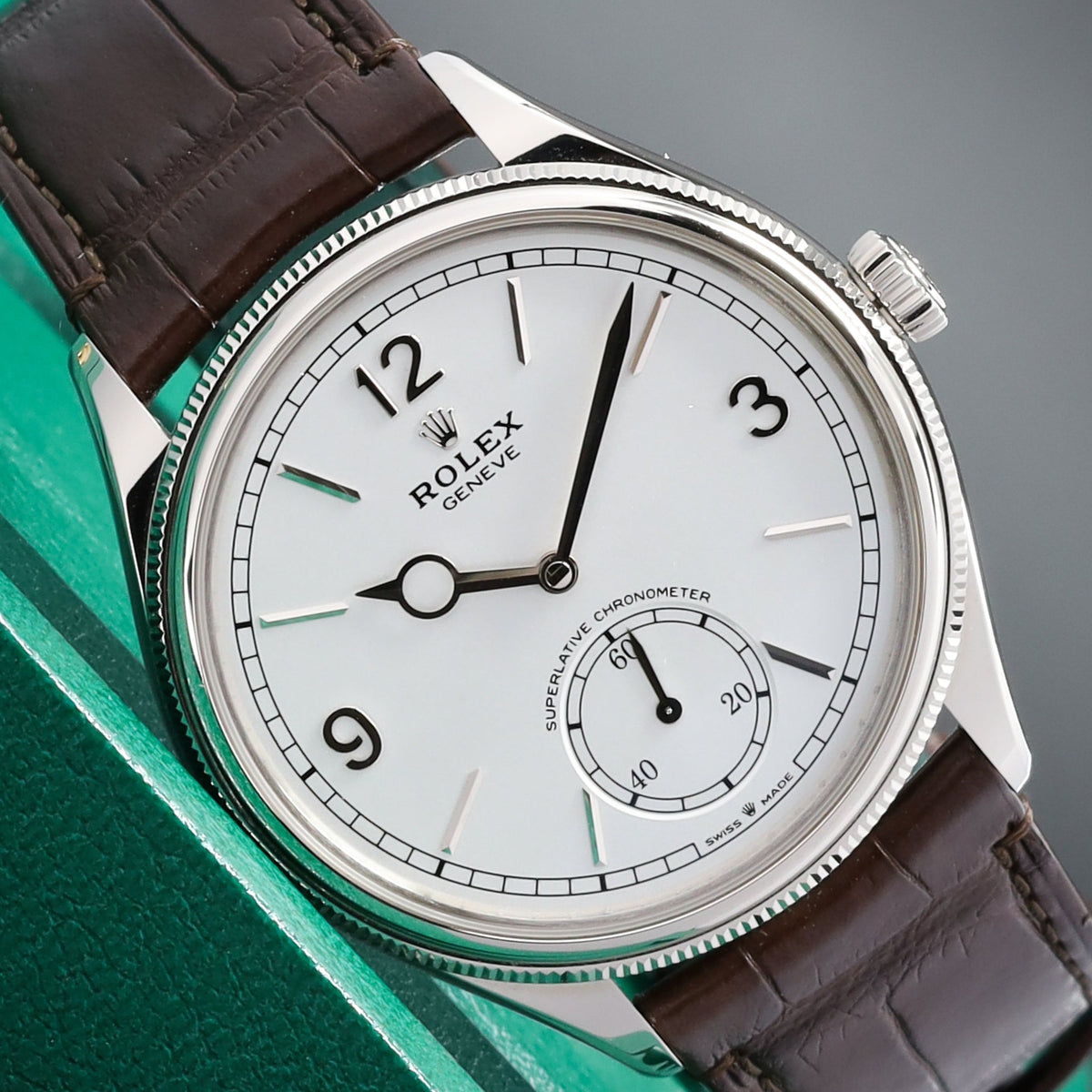 Rolex 1908 2025 Complete 39mm 18k White Gold White Dial Brown Leather Strap Open Case Dress 52509