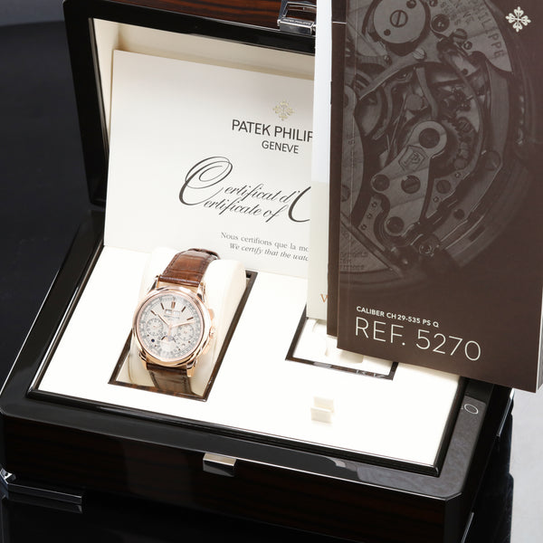 Patek Philippe Perpetual Calendar 2016 Complete 41mm 18k Rose Gold Silver Dial 18k Rose Gold Bezel Brown Alligator Leather Strap with 18k Rose Gold Deployant Clasp 5270R-001