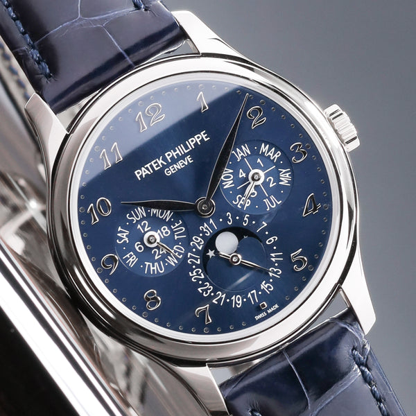 Patek Philippe  Grand Complications 2021 Complete 39mm 18k White Gold Sunburst Blue Dial 18k White Gold Bezel Navy Blue Alligator Leather Strap with White Gold Fold-Over Clasp 5327G-001