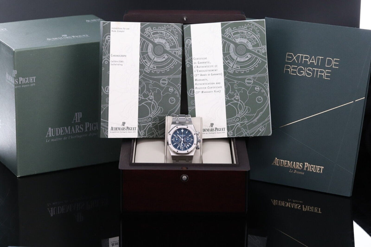 Audemars Piguet Royal Oak Chrono 39mm Blue White Dial RARE 26300ST - Box & Paper