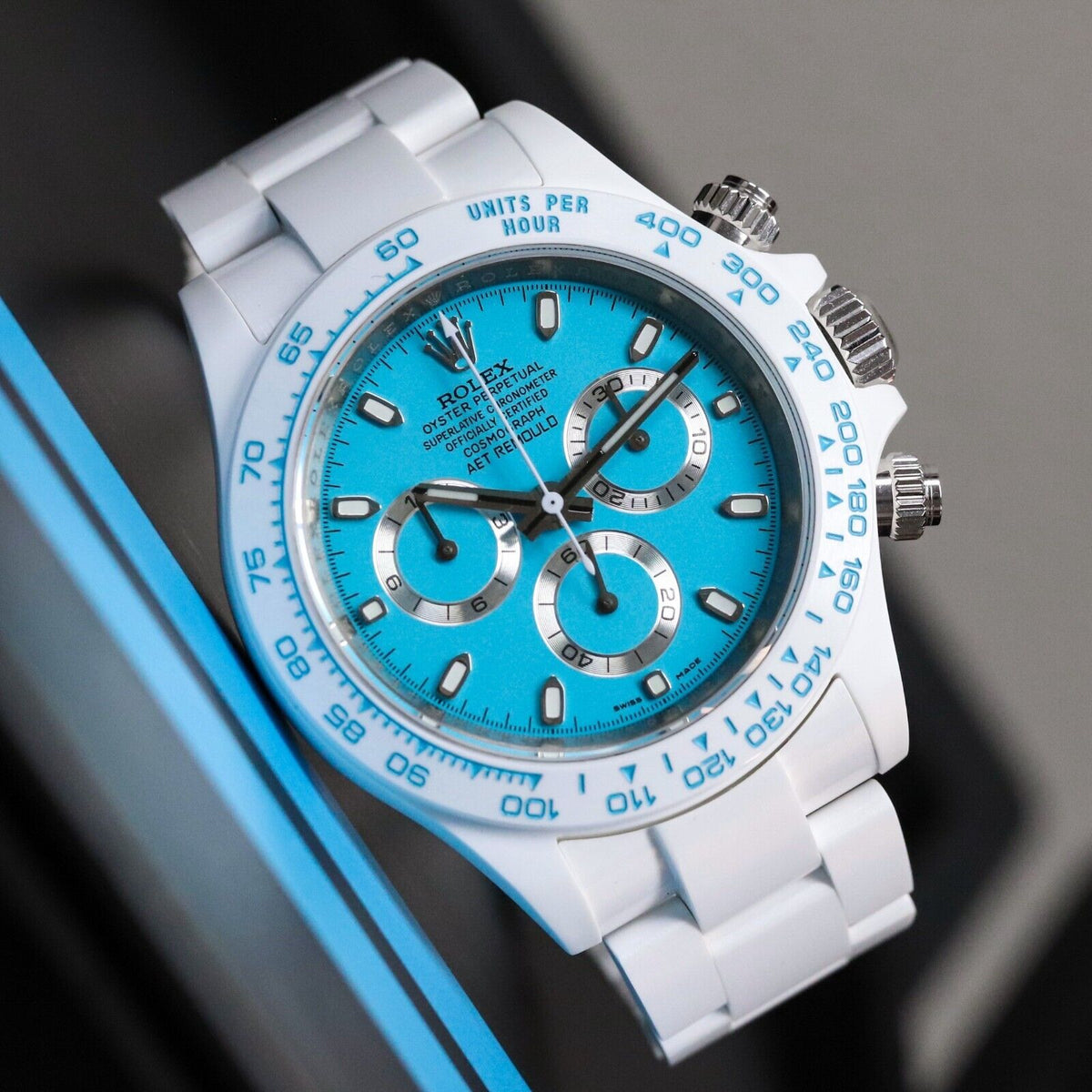 Rolex Ceramic Daytona Abu Dhabi AET Remould 40mm Custom White Blue Limited 1/18