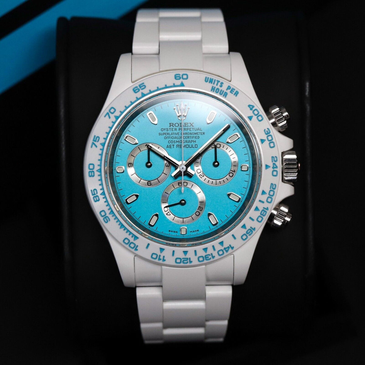 Rolex Ceramic Daytona Abu Dhabi AET Remould 40mm Custom White Blue Limited 1/18