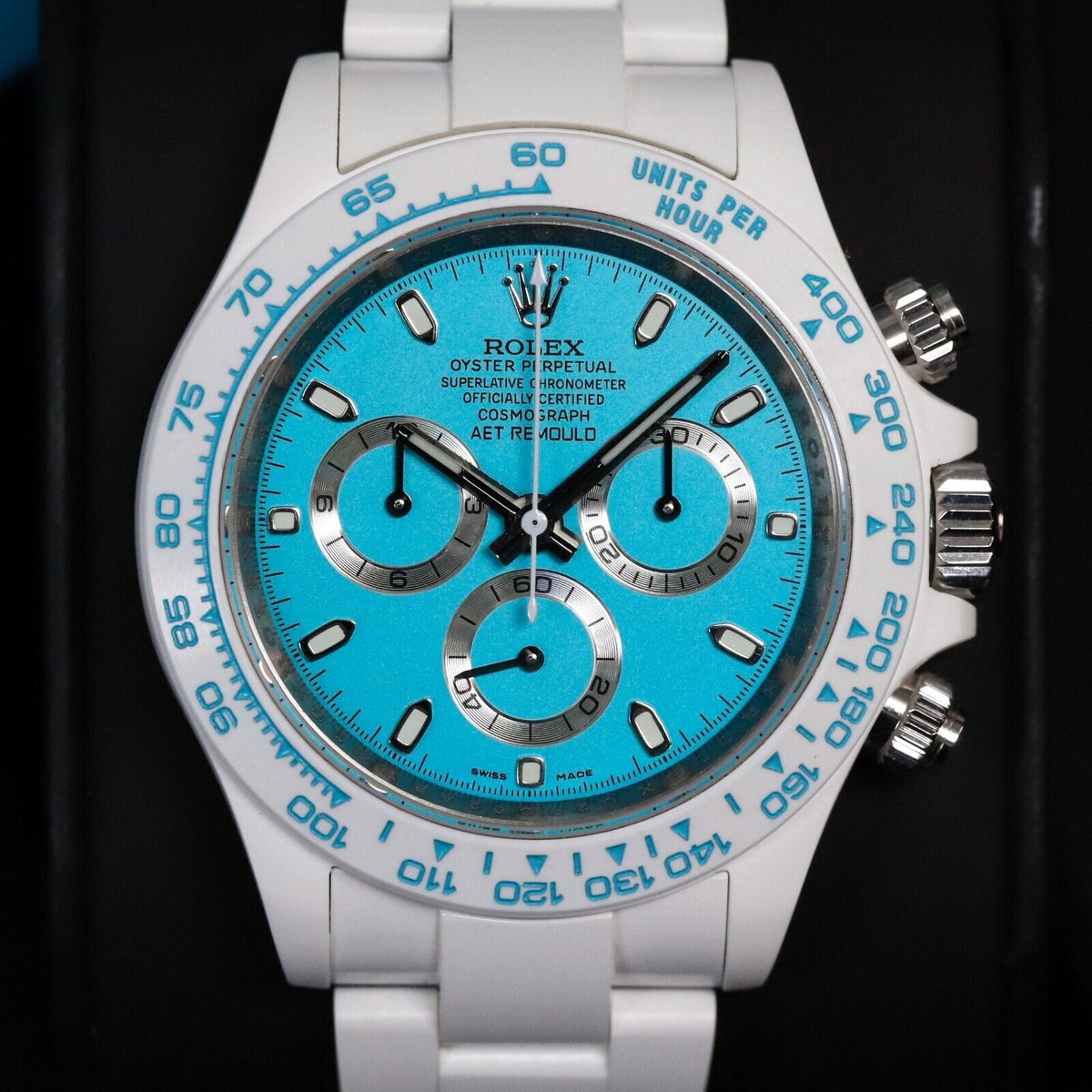 Rolex Ceramic Daytona Abu Dhabi AET Remould 40mm Custom White Blue Limited 1/18