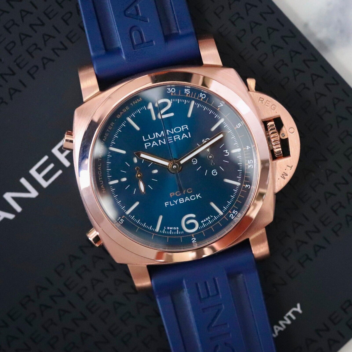 Panerai Luminor Yachts Challenge 44mm Flyback Chrono Rose Gold Blue PAM01020 B&P