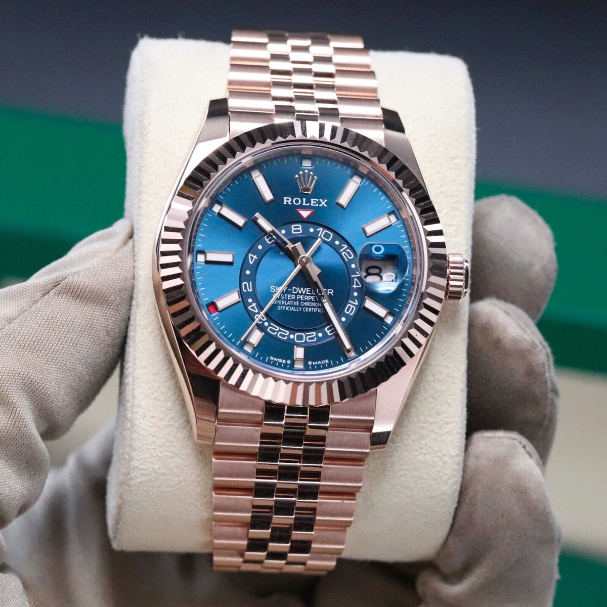 Rolex Sky-Dweller Blue Dial Rose Gold Sunburst 42mm Jubilee Fluted Sky 336935