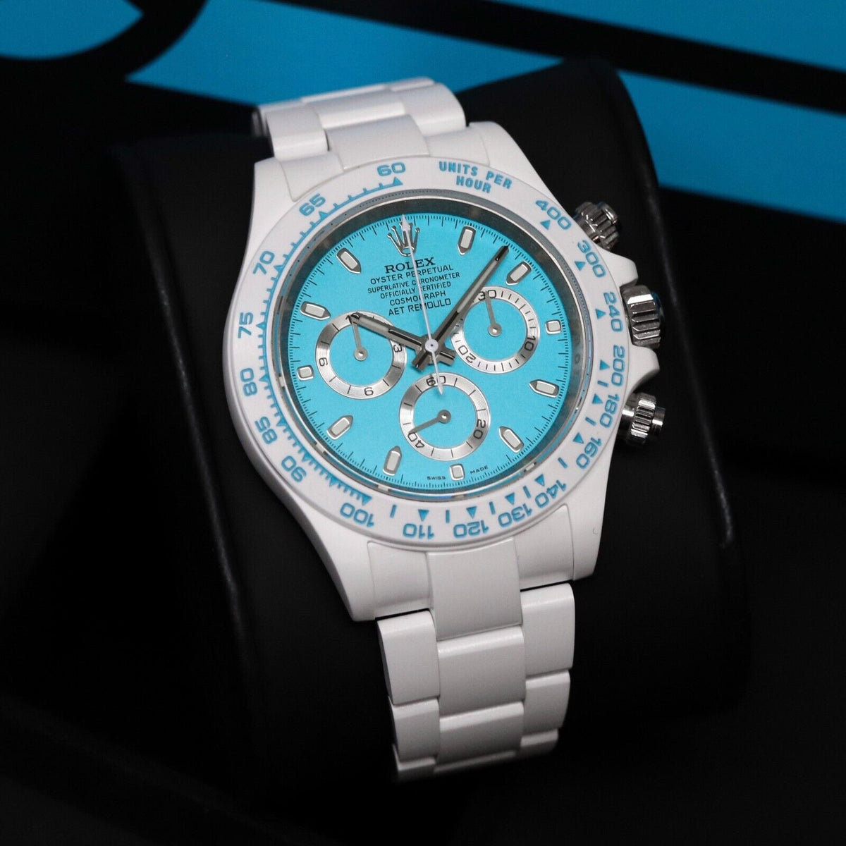 Rolex Ceramic Daytona Abu Dhabi AET Remould 40mm Custom White Blue Limited 1/18