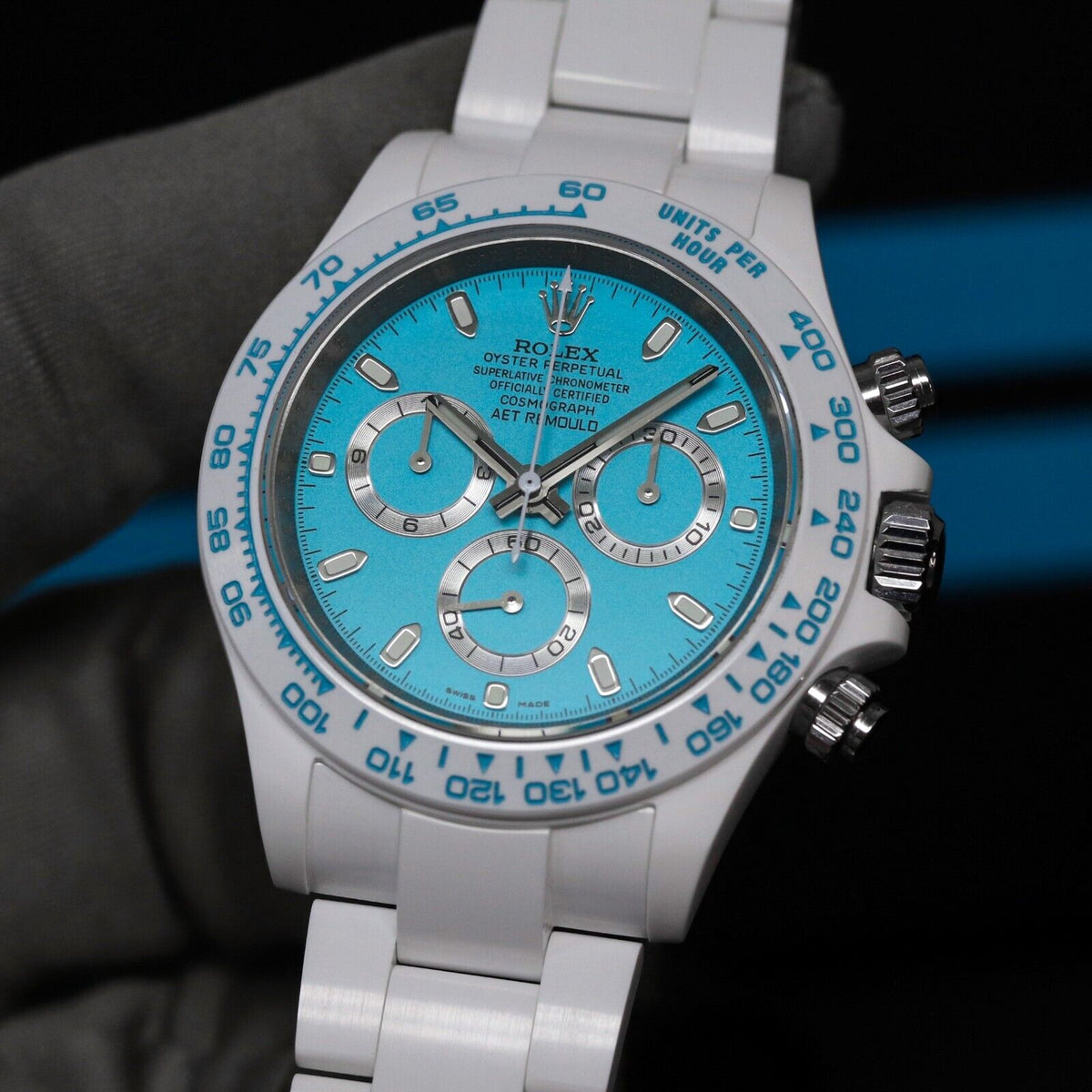 Rolex Ceramic Daytona Abu Dhabi AET Remould 40mm Custom White Blue Limited 1/18