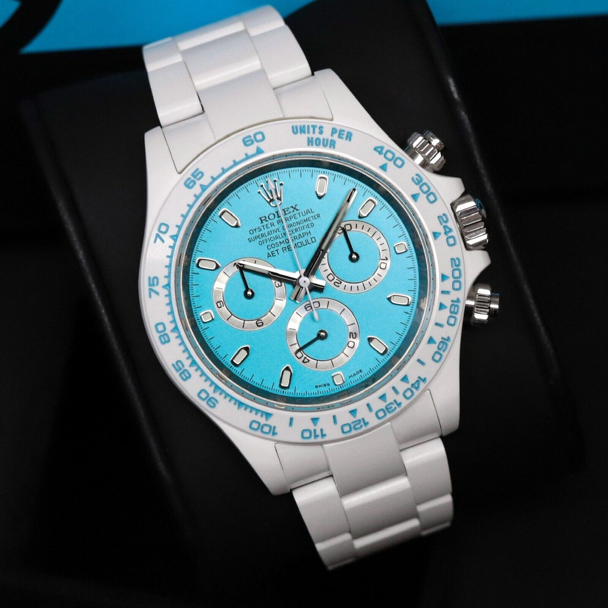 Rolex Ceramic Daytona Abu Dhabi AET Remould 40mm Custom White Blue Limited 1/18