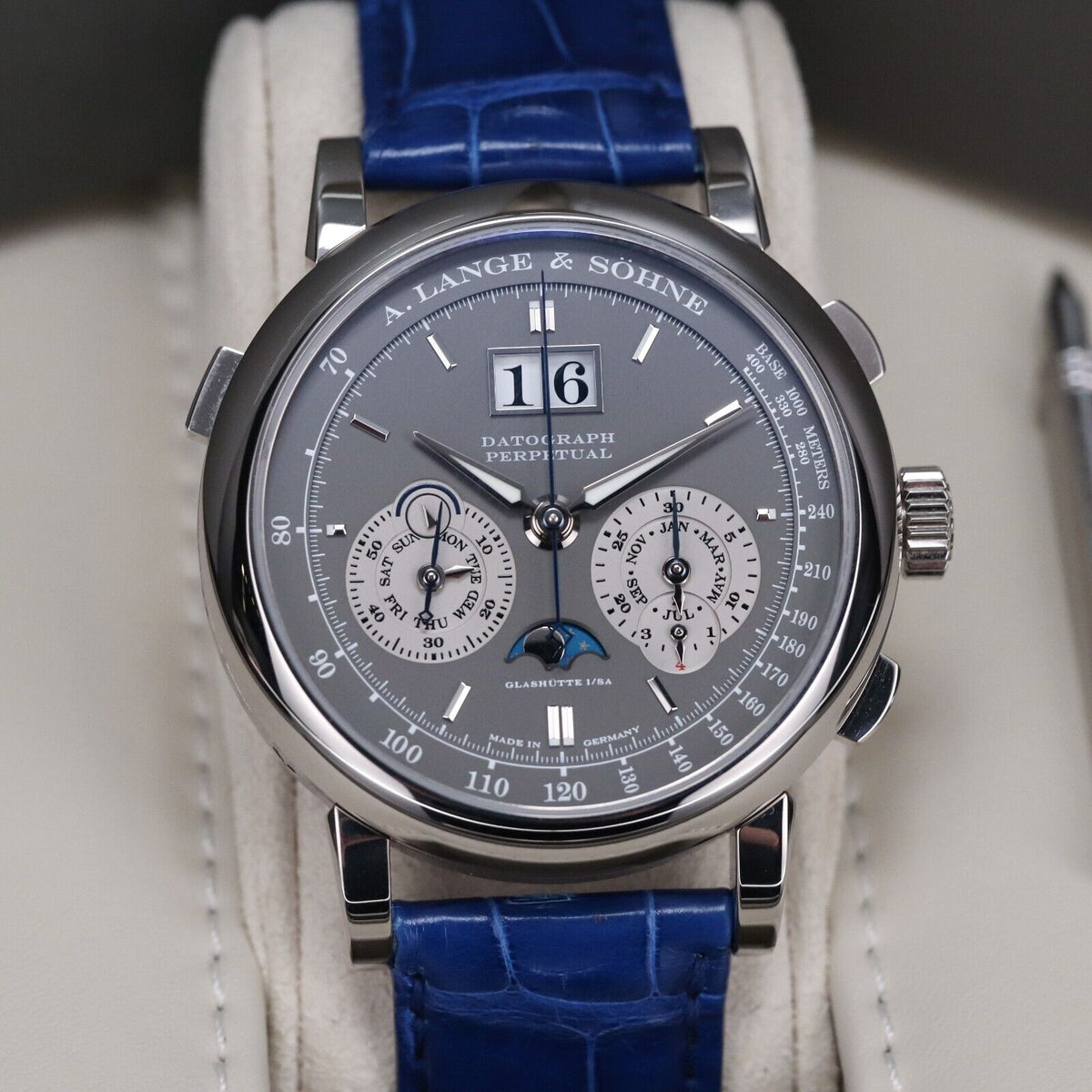 A Lange & Sohne Datograph Perpetual 41mm Platinum Moonphase Blue Date 410.038E