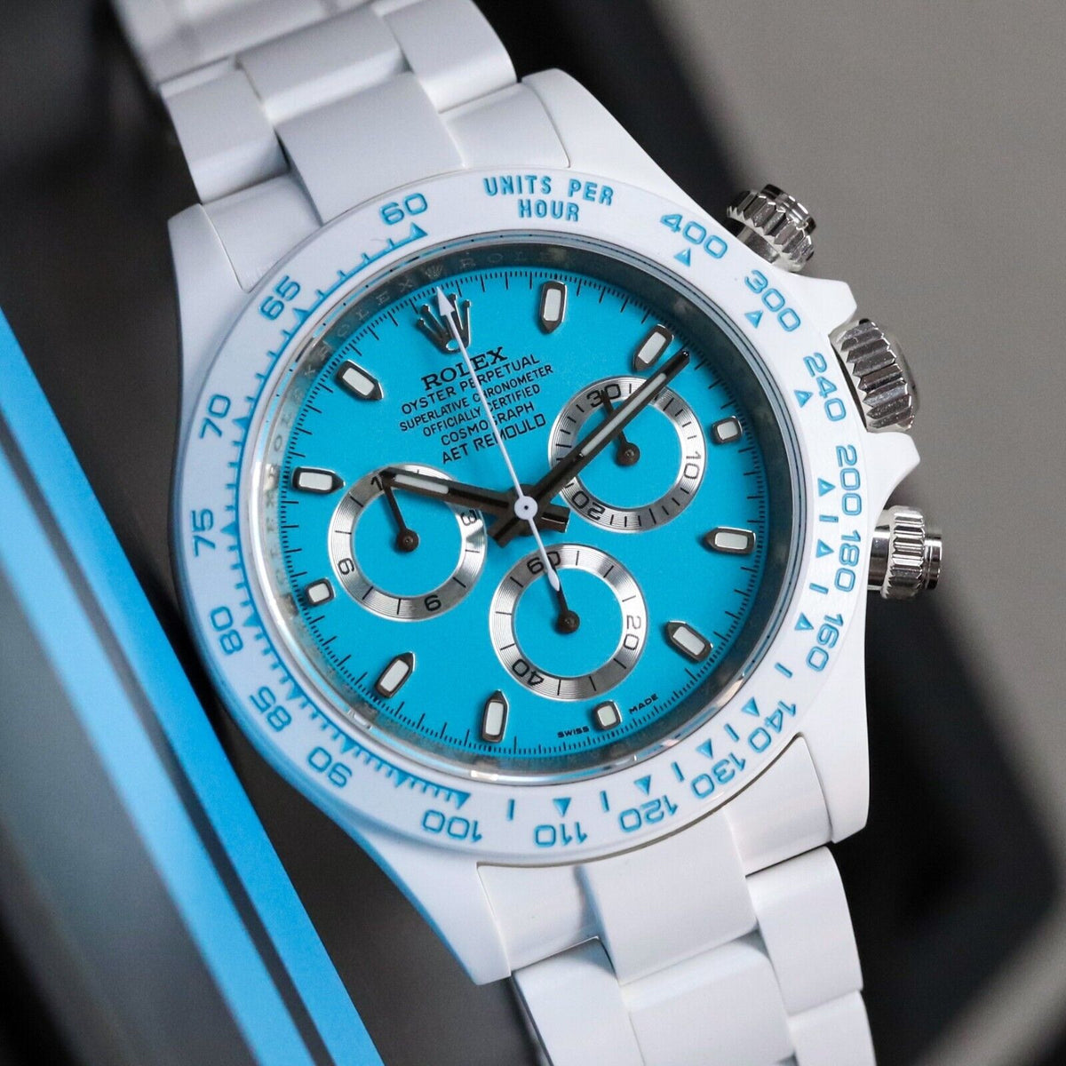 Rolex Ceramic Daytona Abu Dhabi AET Remould 40mm Custom White Blue Limited 1/18