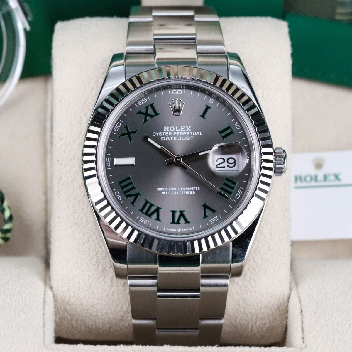 Rolex Datejust 41mm Wimbledon Dial Fluted Oyster Steel Gold Mint 126334