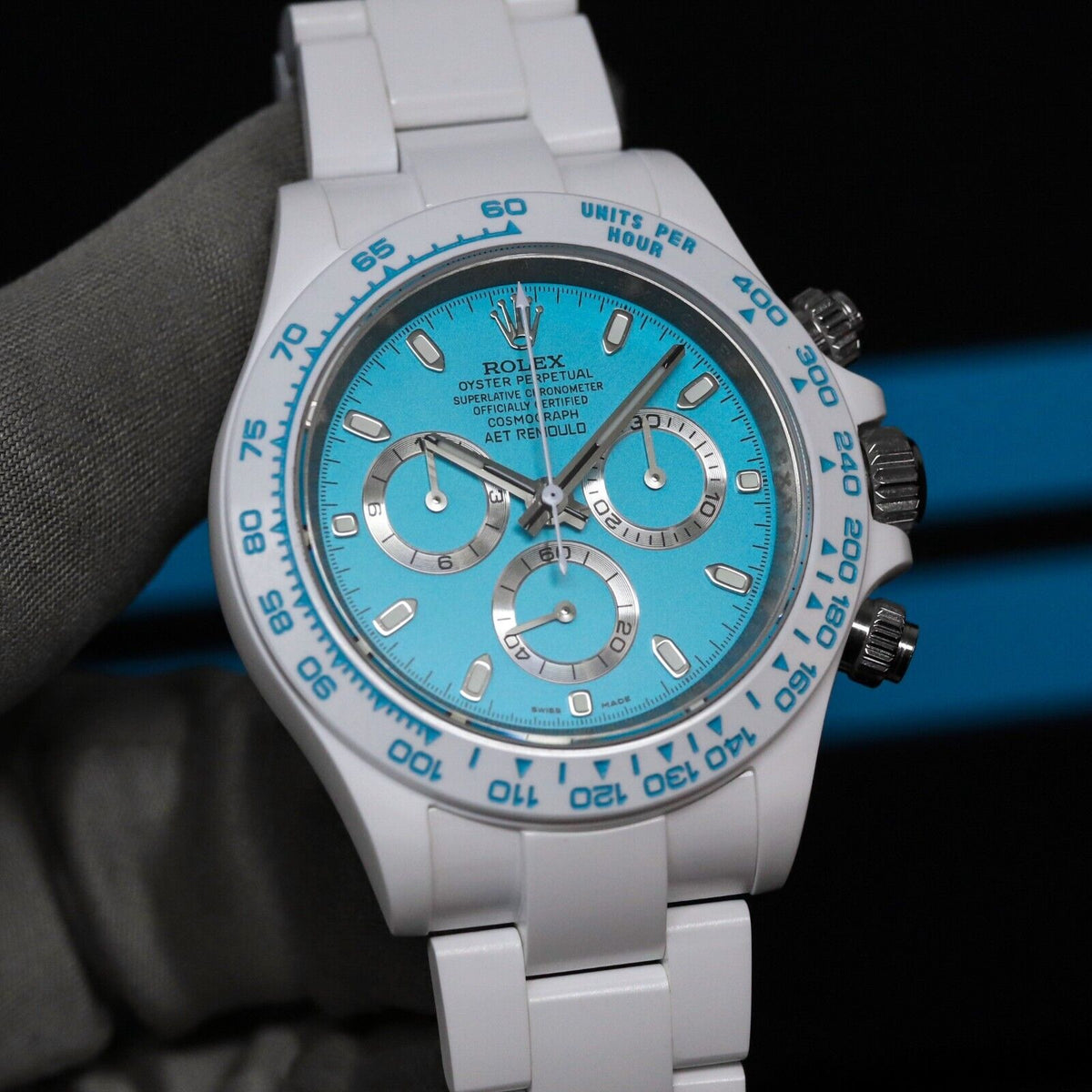 Rolex Ceramic Daytona Abu Dhabi AET Remould 40mm Custom White Blue Limited 1/18