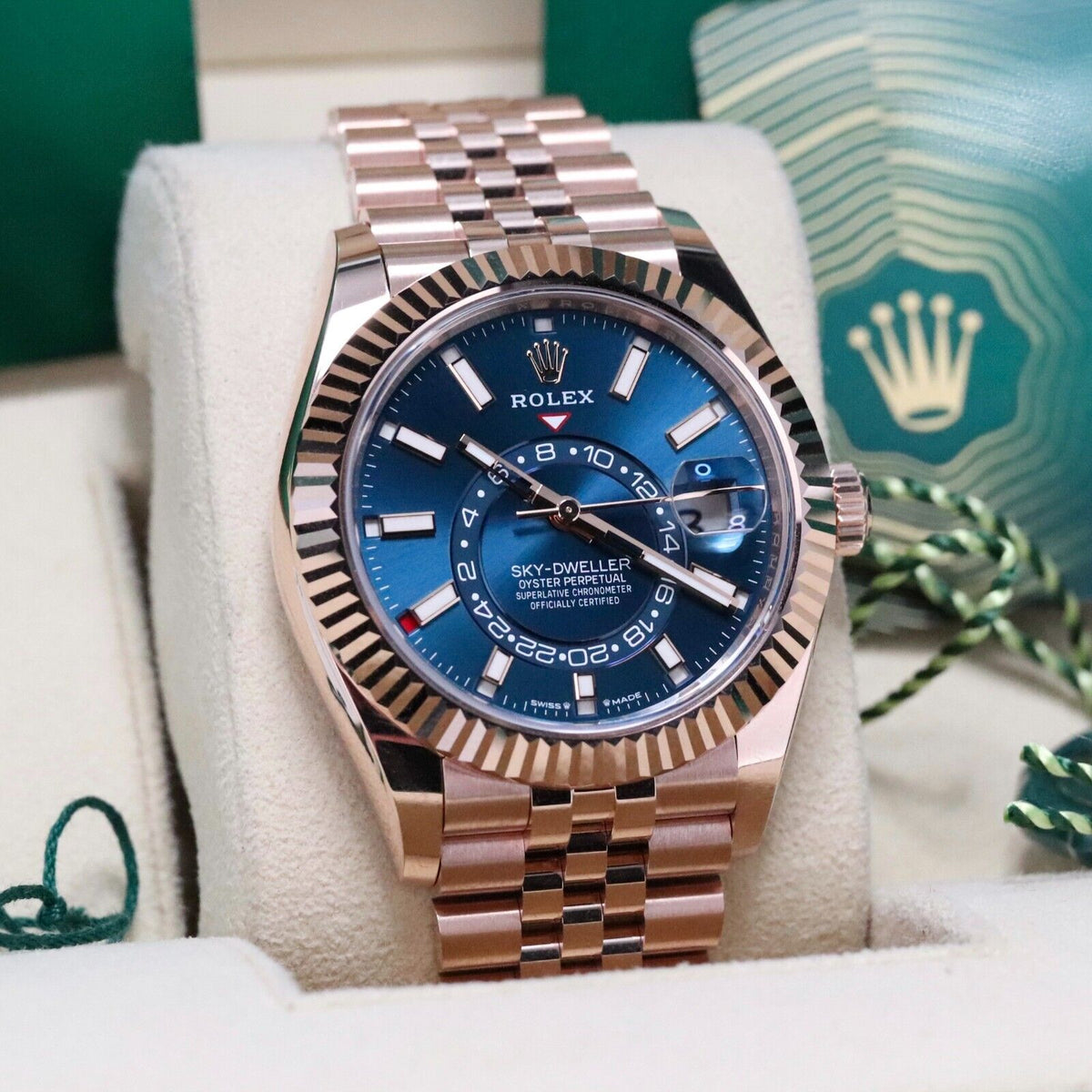 Rolex Sky-Dweller Blue Dial Rose Gold Sunburst 42mm Jubilee Fluted Sky 336935