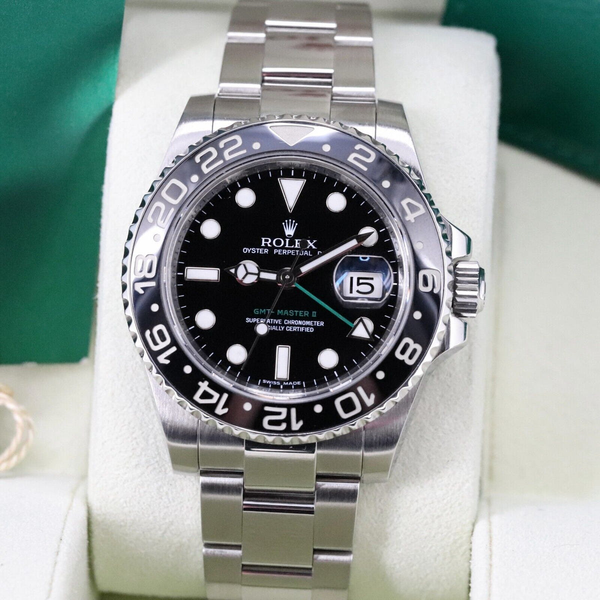 Rolex GMT-Master II Green Arrow Black Bezel Steel Bracelet 116710LN Box & Papers