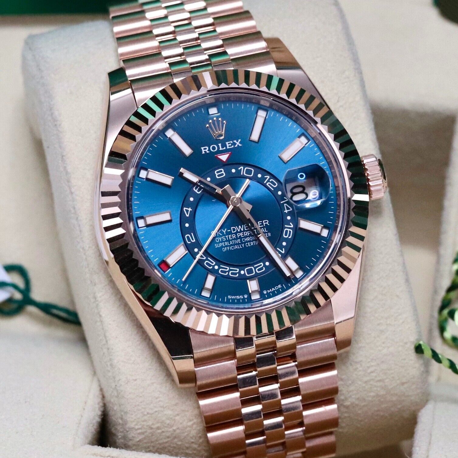 Rolex Sky-Dweller Blue Dial Rose Gold Sunburst 42mm Jubilee Fluted