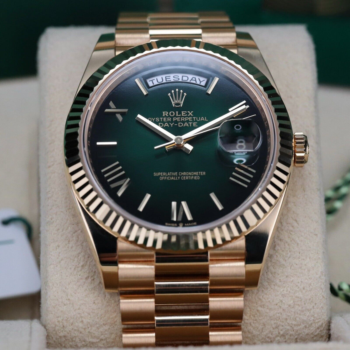 2024 Rolex Day-Date NEW Green Ombre Dial 40mmYellow Gold President 228238 Unworn