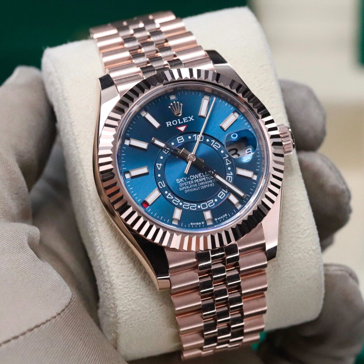 Rolex Sky-Dweller Blue Dial Rose Gold Sunburst 42mm Jubilee Fluted Sky 336935