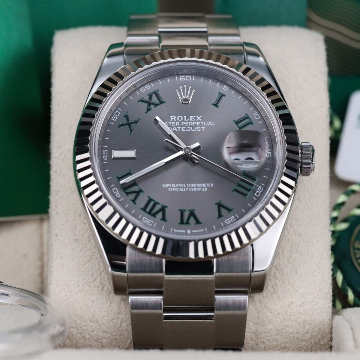 Rolex Datejust 41mm Wimbledon Dial Fluted Oyster Steel Gold Mint 126334