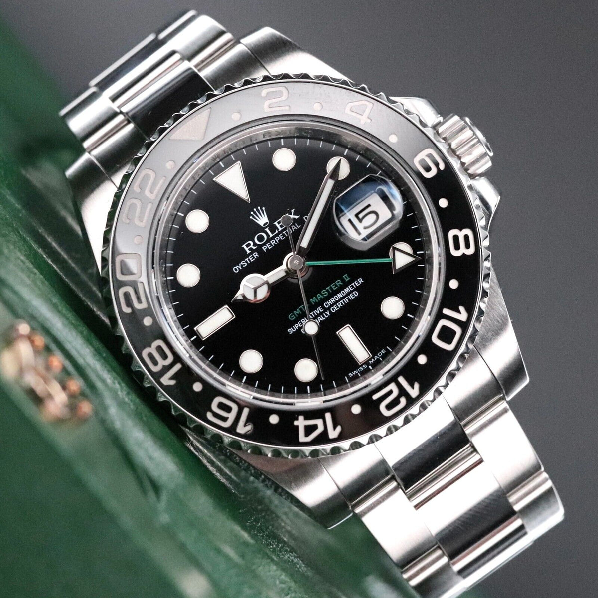 Rolex GMT-Master II Green Arrow Black Bezel Steel Bracelet 116710LN Box & Papers