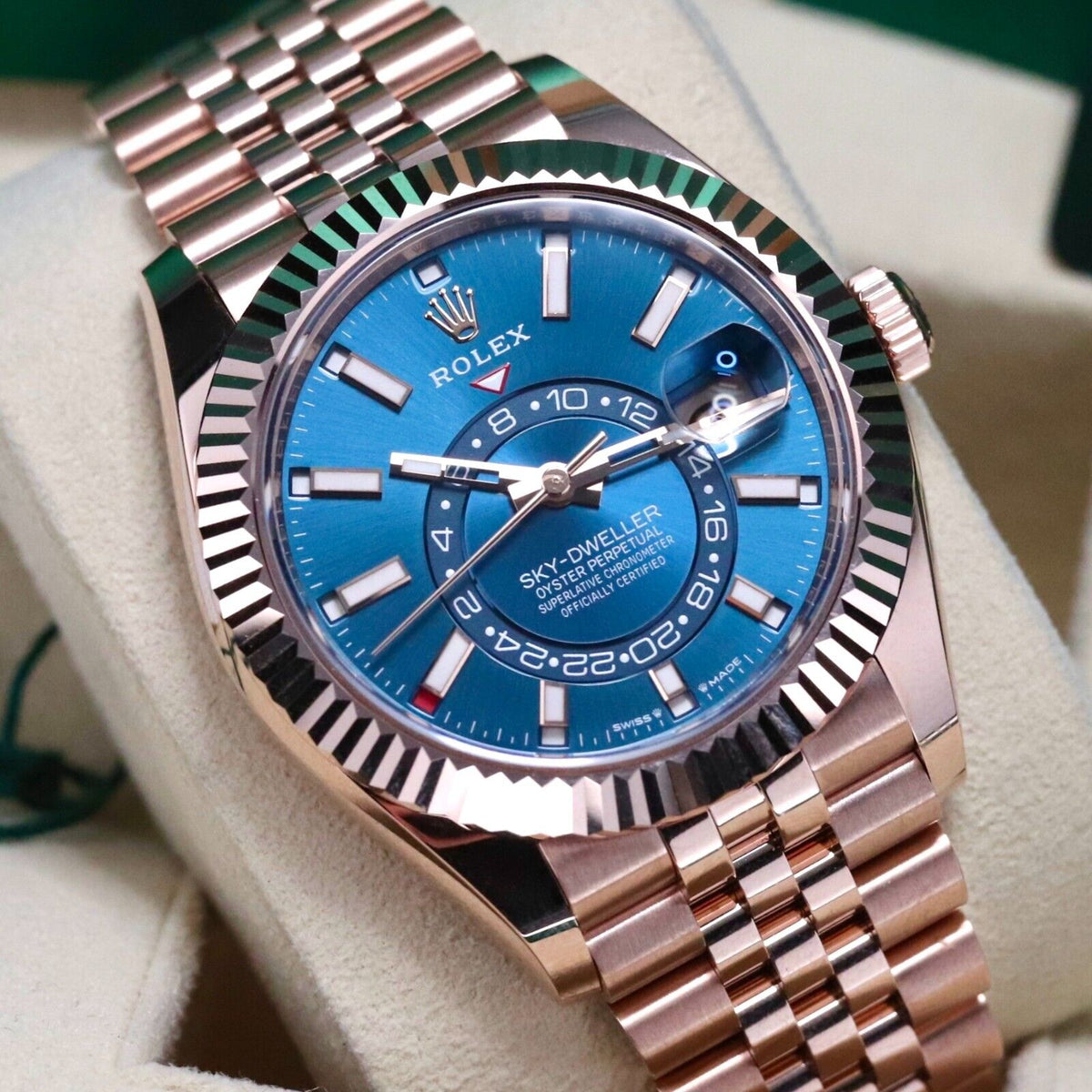 Rolex Sky-Dweller Blue Dial Rose Gold Sunburst 42mm Jubilee Fluted Sky 336935