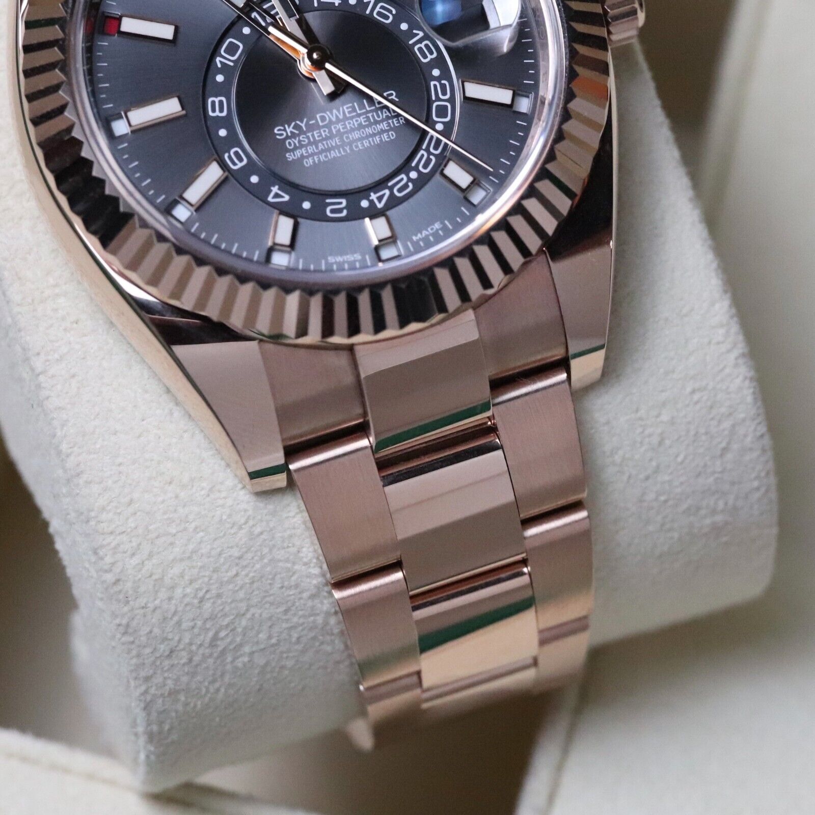 Rolex Sky-Dweller 18k Rose Gold Case Rhodium Gray Dial 42mm Fluted
