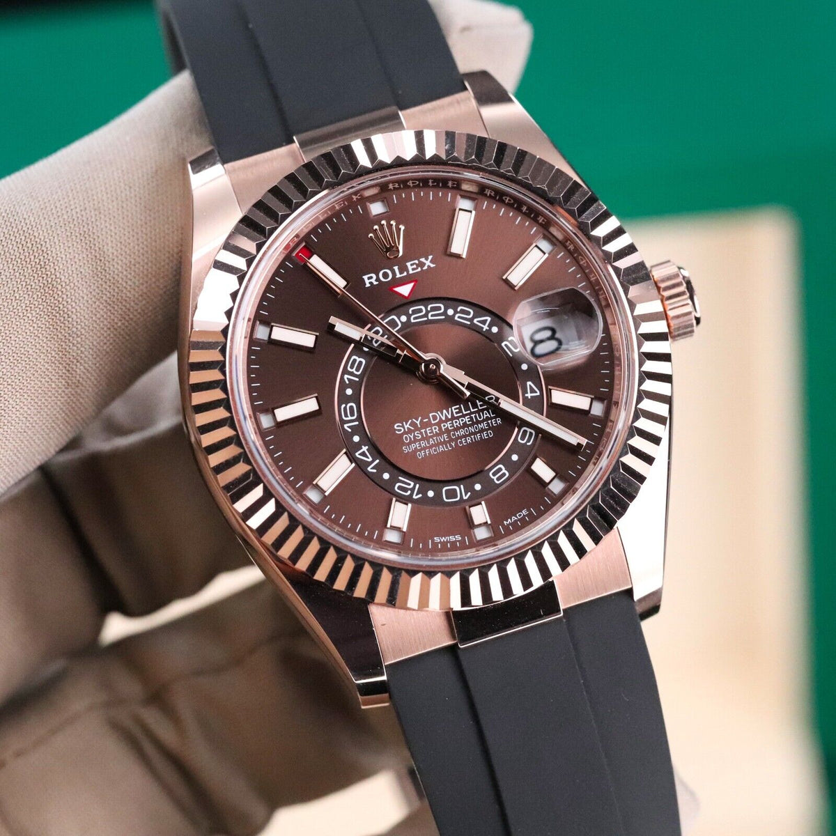 Rolex Sky-Dweller Chocolate Rose Gold Brown Dial 42mm Oyster Flex Rubber 326235