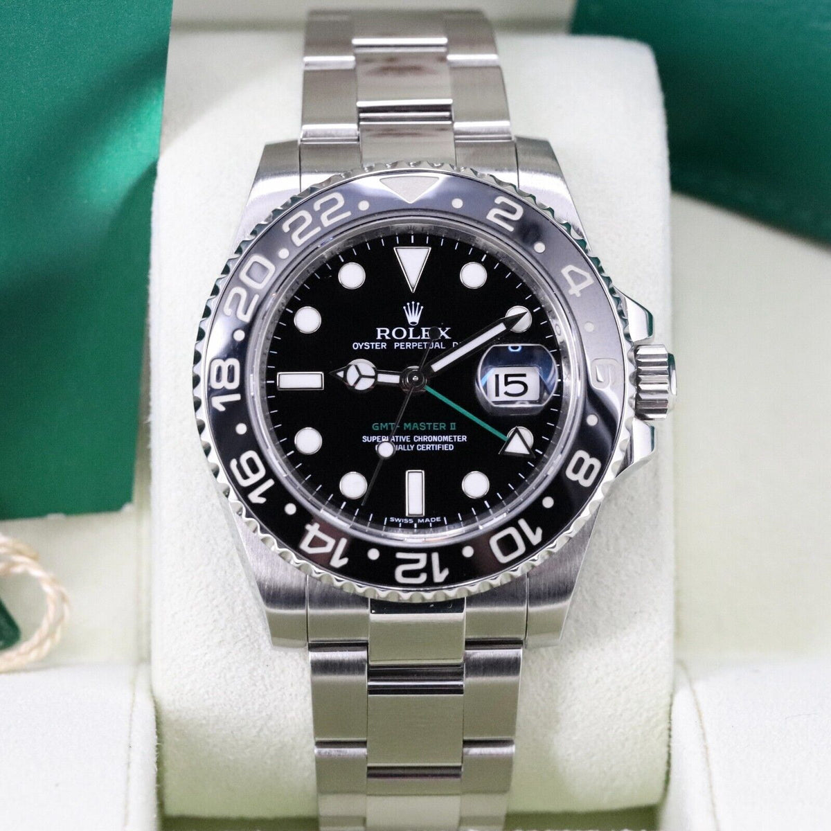 Rolex GMT-Master II Green Arrow Black Bezel Steel Bracelet 116710LN Box & Papers