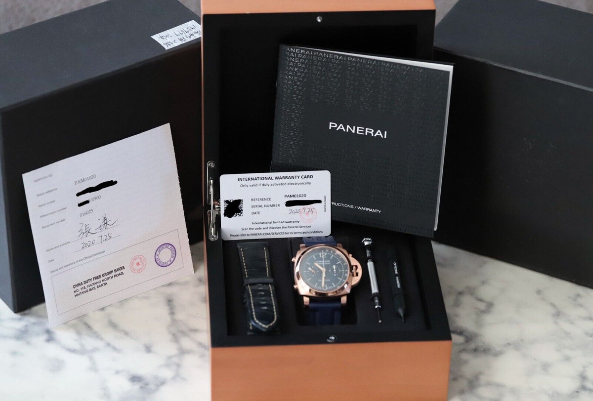 Panerai Luminor Yachts Challenge 44mm Flyback Chrono Rose Gold Blue PAM01020 B&P