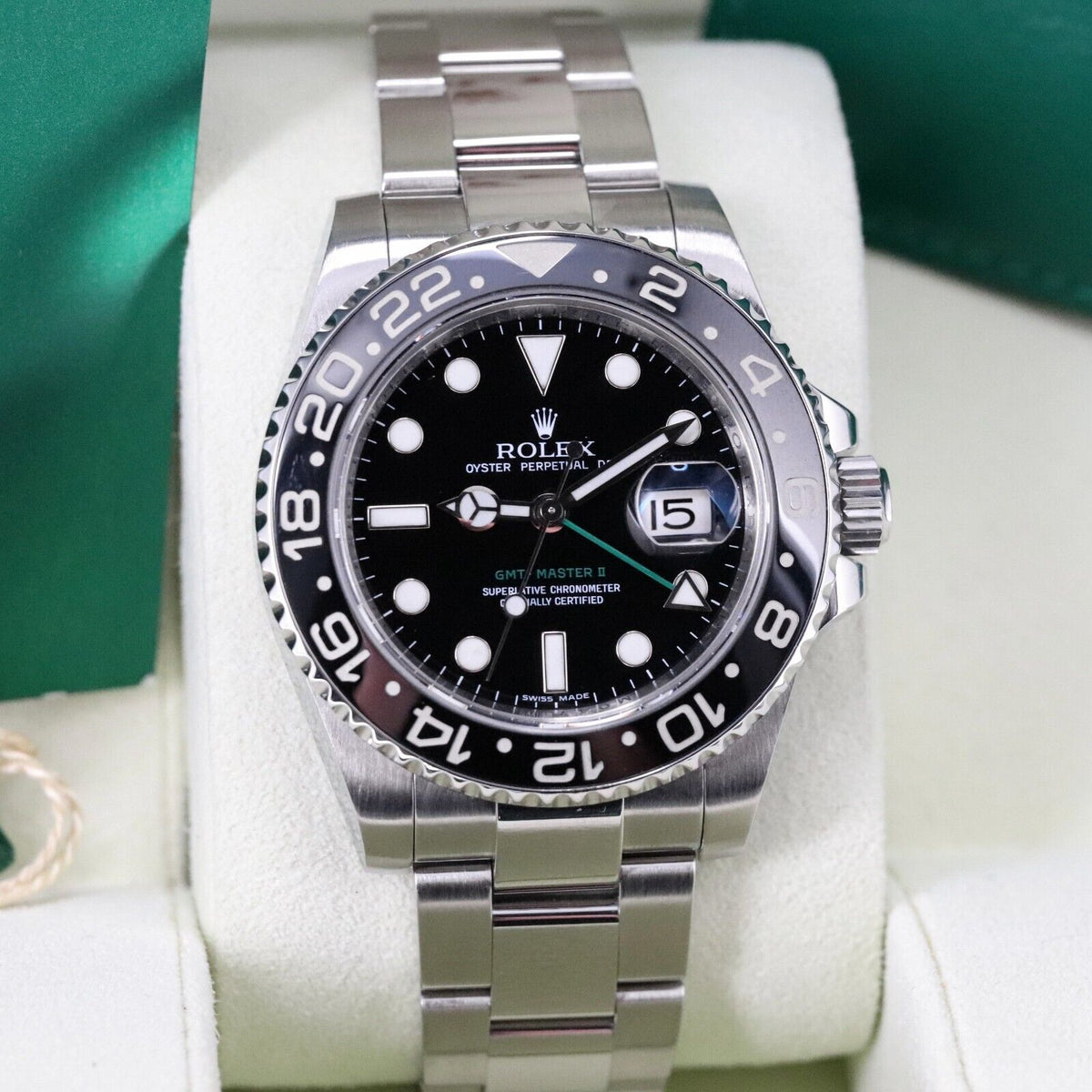 Rolex GMT-Master II Green Arrow Black Bezel Steel Bracelet 116710LN Box & Papers