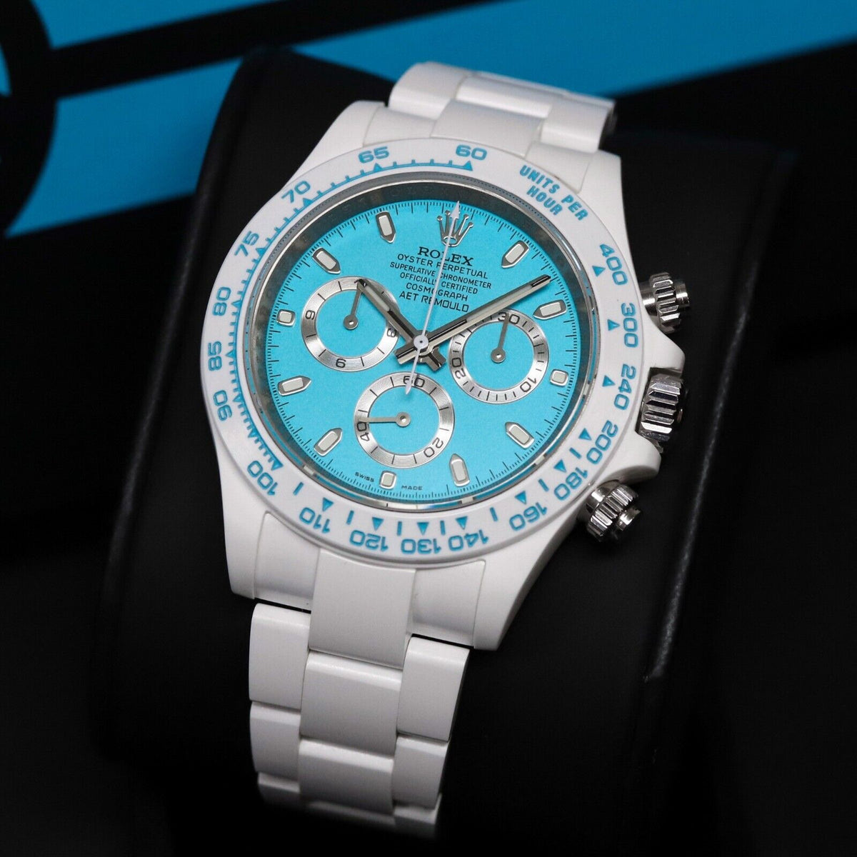 Rolex Ceramic Daytona Abu Dhabi AET Remould 40mm Custom White Blue Limited 1/18