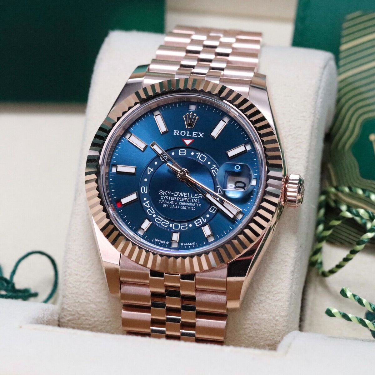 Rolex Sky-Dweller Blue Dial Rose Gold Sunburst 42mm Jubilee Fluted Sky 336935