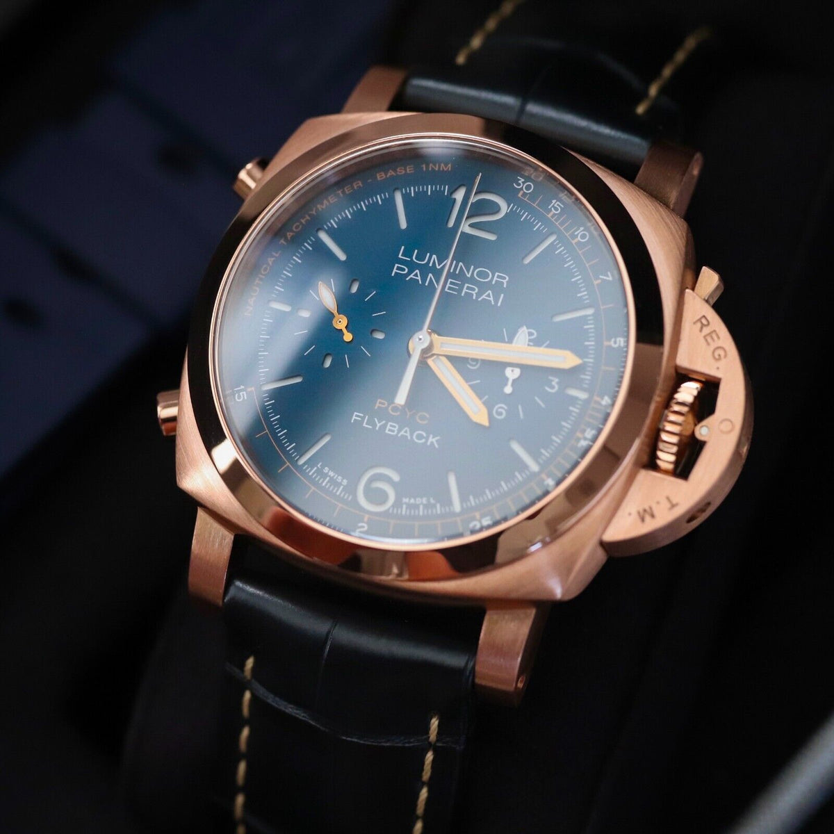 Panerai Luminor Yachts Challenge 44mm Flyback Chrono Rose Gold Blue PAM01020 B&P