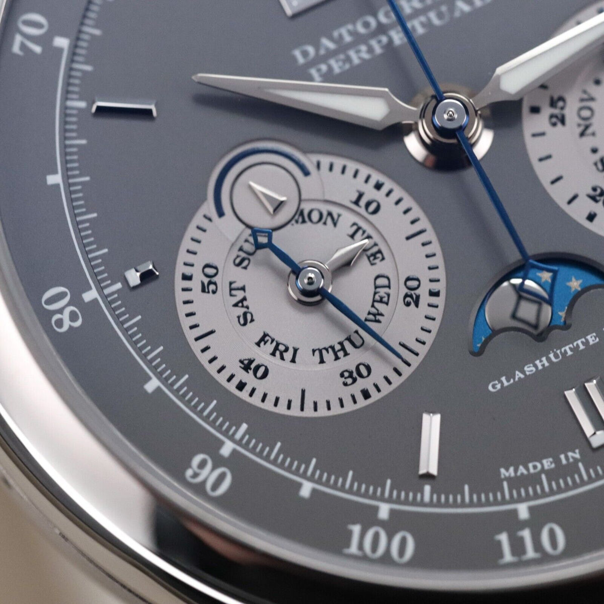 A Lange & Sohne Datograph Perpetual 41mm Platinum Moonphase Blue Date 410.038E