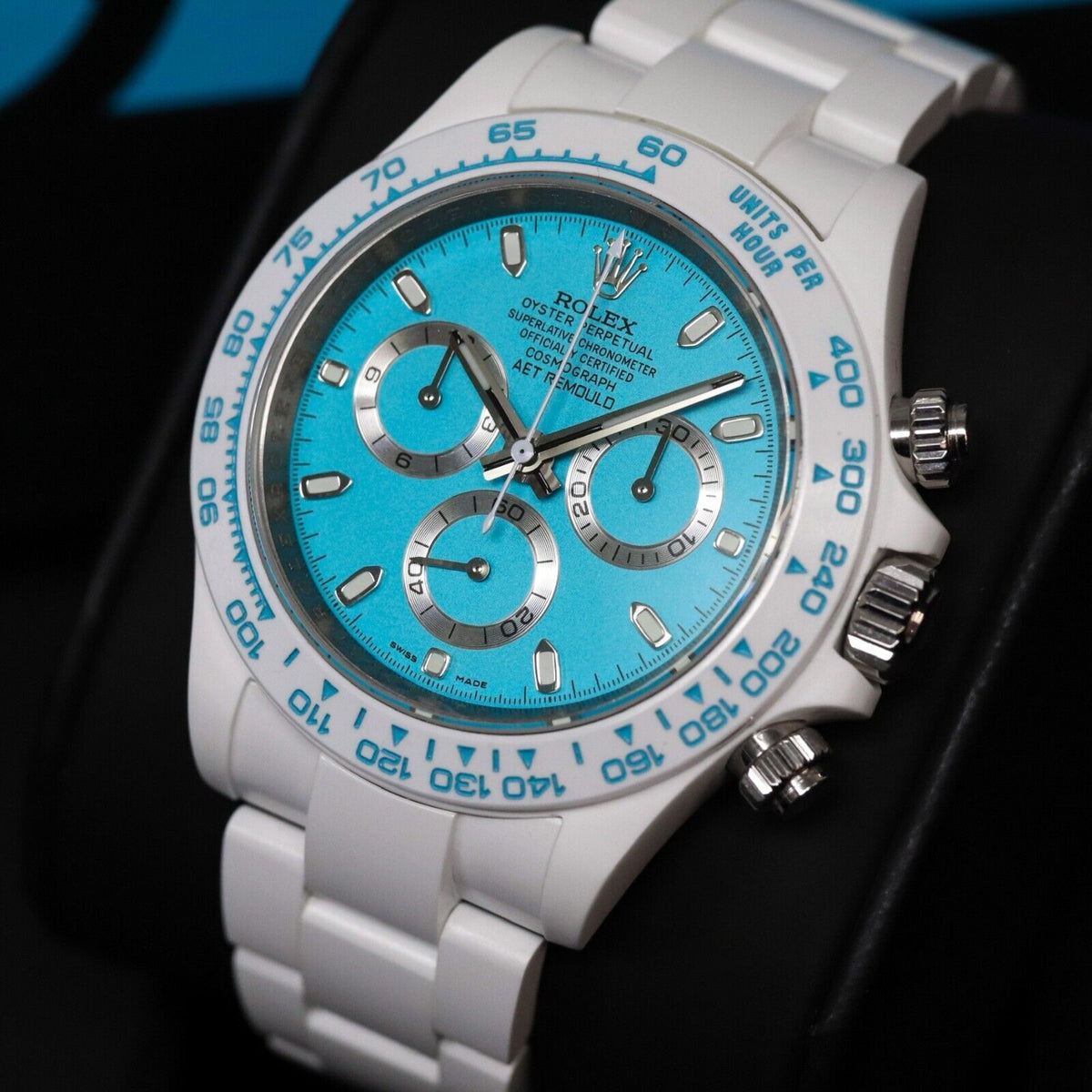 Rolex Ceramic Daytona Abu Dhabi AET Remould 40mm Custom White Blue Limited 1/18